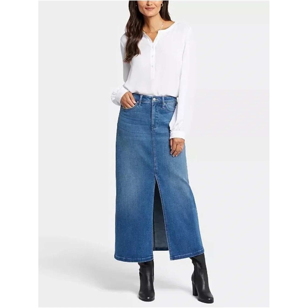 NYDJ High Rise Lift Tuck Denim Midi Skirt Center Front Slit Womens 6